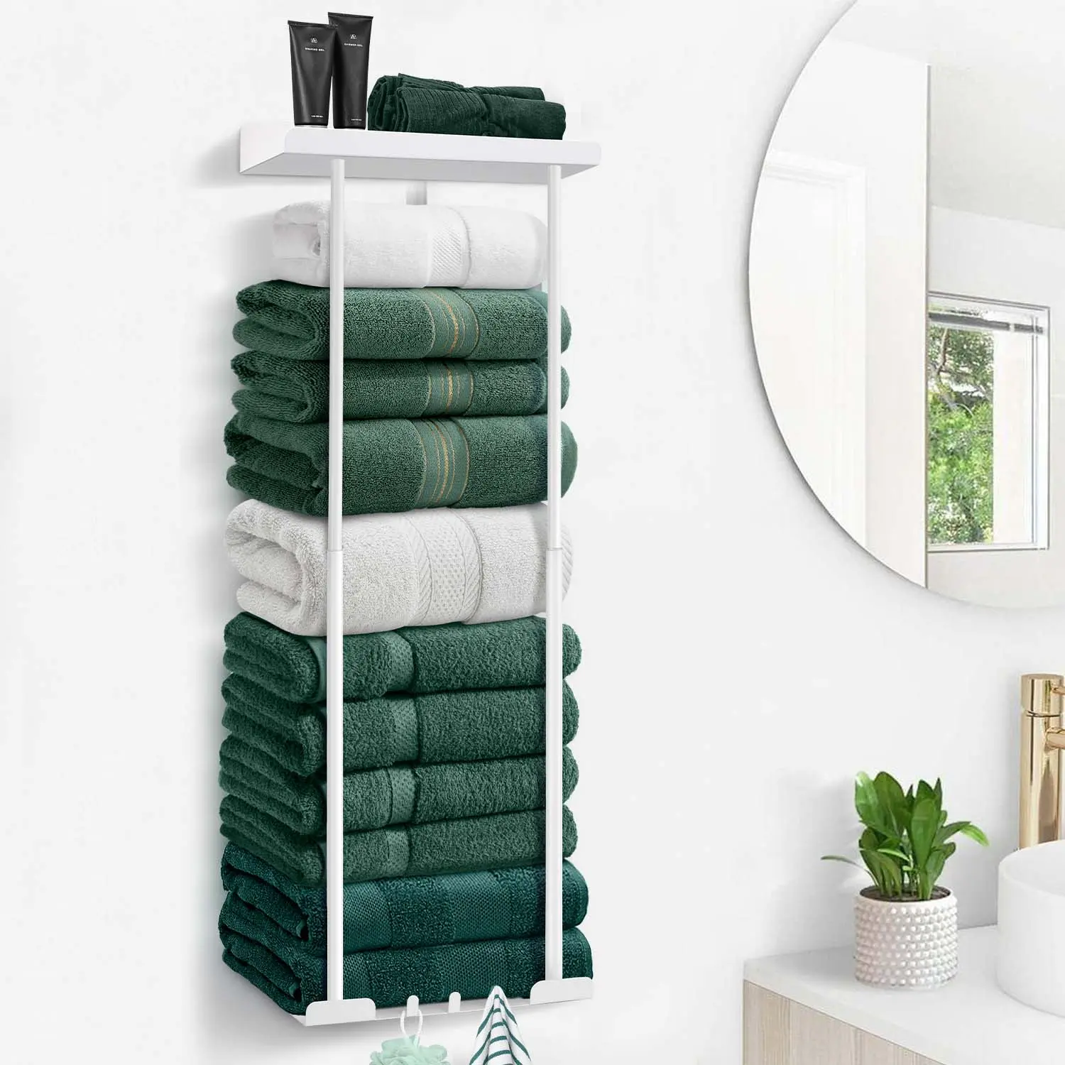 Bathroom Towel Rack with Hooks, 6 Large Towel Capacity, Wall Mount Towel Holder for Small Bathroom, Camper, RV, Premium Bathroom Accessories, Practical Bathroom Decor Home Essentials Organizer