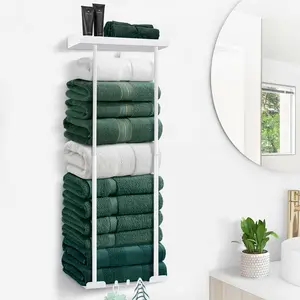 Modern 30-in Wall-Mounted Bathroom Towel Storage Rack - Retractable Shelves, Hooks, 6-Large Towel Capacity, Bathroom Accessory for Small Spaces & Kitchen, White