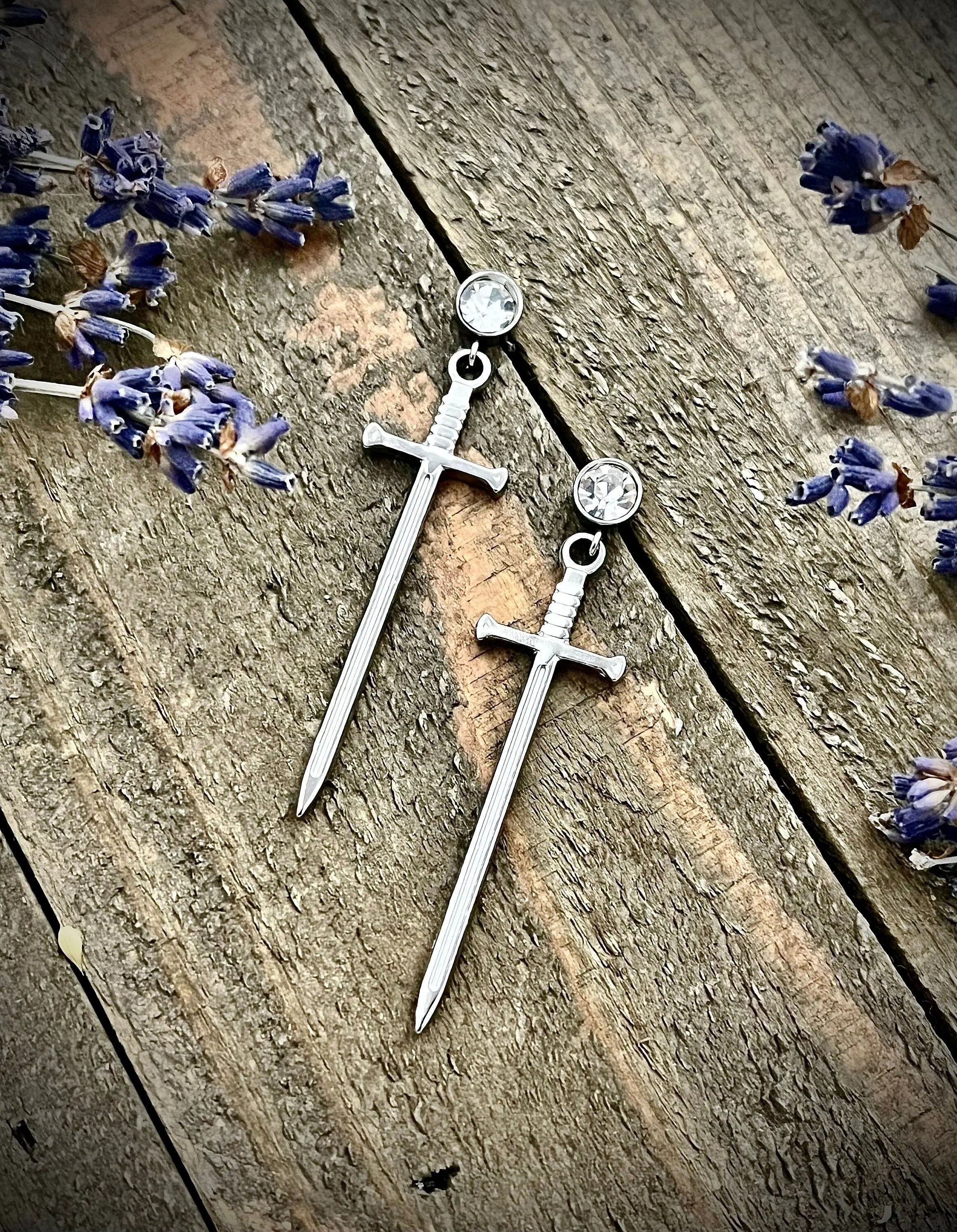 Silver Dagger Rhinestone Stud Earrings