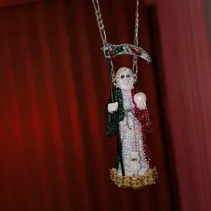 Custom Made 4 Inch Angel of Death Mini Statue White Gold Plated Figaro Necklace for Daily Wear with Rhinestone Accents and Green Gemstones