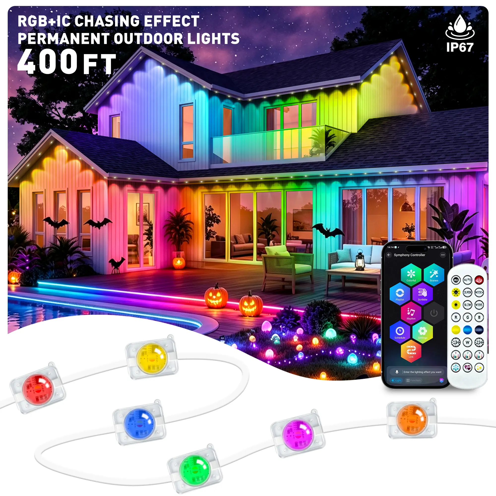 SINLEY RGB LED Strip Lights, Permanent IP67 Waterproof Outdoor House Eave Lighting with App-Remote Control, Colorful Music Sync Party Mood Decor for Holiday Roof Home Improvement