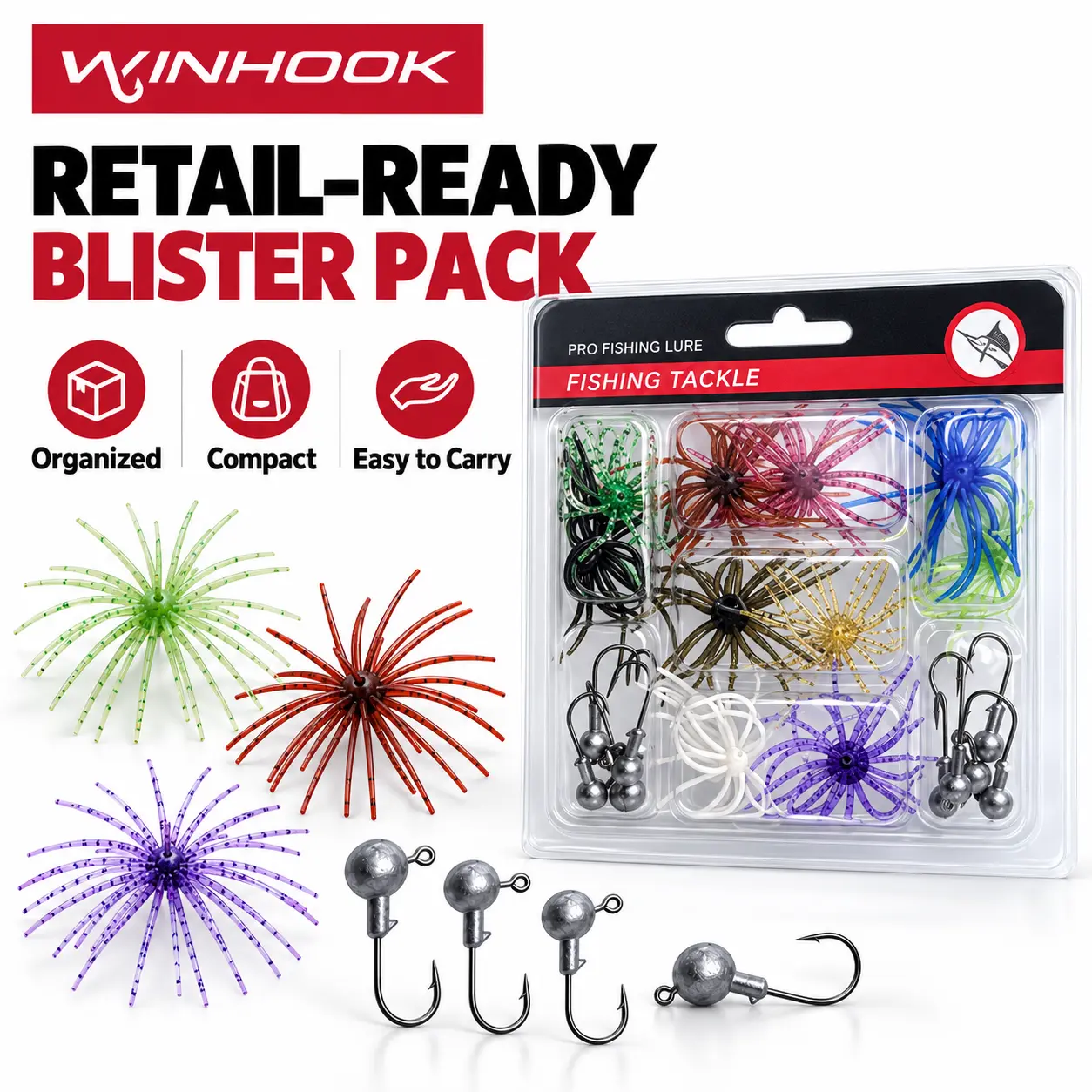 WINHOOK 21PCS Soft Silicone Skirt Jig Kit, 10 Color Spider-Style Baits with 10 Lead Jig Heads, 3.5g & 5g Fishing Lure Set with Storage Box