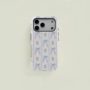 Blue Bow and Pink Flower Pattern Phone Case — Compatible with Samsung S26/S25/S24/S23/S22/S21, iPhone 17/16/15/14/13/12/11 phone cases. Drop-Resistant, Non-Slip, and Fade-Resistant.The Perfect Gift for Coquette and Preppy Style Lovers.