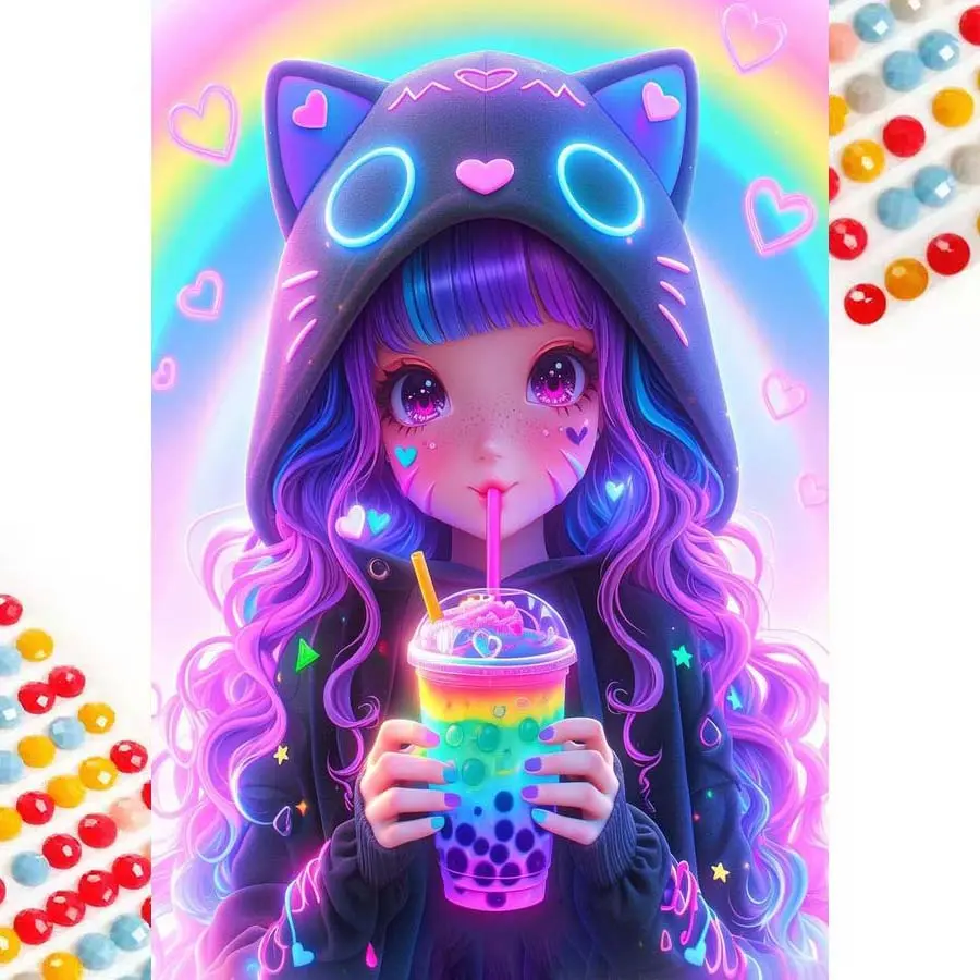 5D DIY Drill Round Diamond Painting, Diamond Painting Kits - Diamond Art Kit Rainbow Milk Tea, Cat Ear Hat, Mosaic, Canvas - DIY Decorative Painting, Handicraft, Home Wall Decor, for Halloween, Christmas, Birthday & Anniversary Gifts