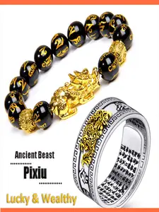 Men's Pi Xiu Bracelet Ring Set, Feng Shui Buddhist Beaded Bracelet, High Quality Bangle Bracelet, Quartz Buddha Beads, Wealth Good Luck Accessory, Stacking Bracelet, Ball Bead Bracelet, Unisex