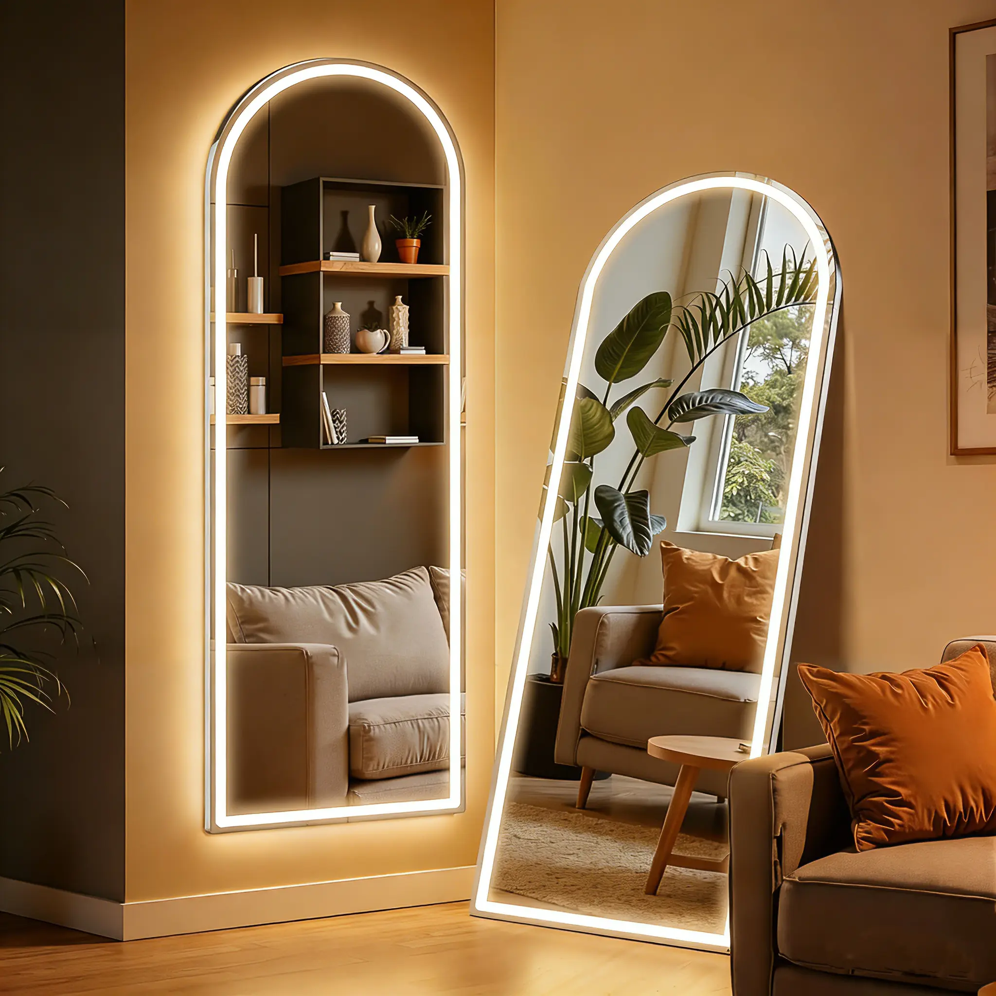 Floor Mirror Stand Mirror Full Length, With LED Lights and No LED Lights Two styles, LED Floor Mirror styles Dimming & 3 Color Lighting 3 Color Lighting Mirror with LED Lights, 64"x21" Lighted Floor Standing Mirror with Stand, Wall Mounted Hanging