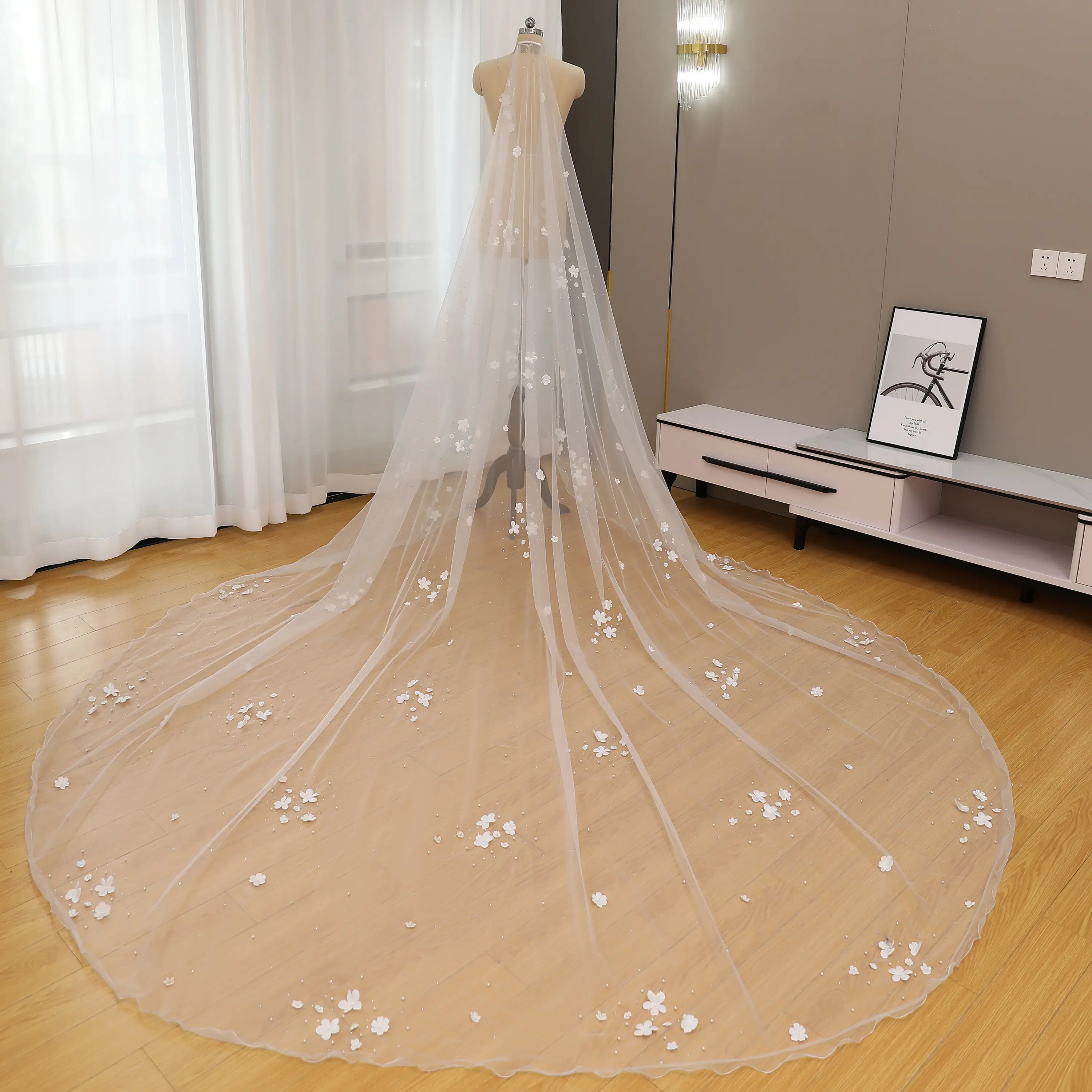 3D Floating Floral Wedding Veil | Scattered Hand-Sewn Pearls & Raindrop Beads | Soft Tulle Cathedral Veil