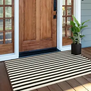Machine Washable Welcome Mat - Black & White Striped Polyester Fiber Doormat for Indoor/Outdoor Use, Suitable for Entryway, Kitchen, Balcony, Garden & Multi-Room Decor, Decorative Rug