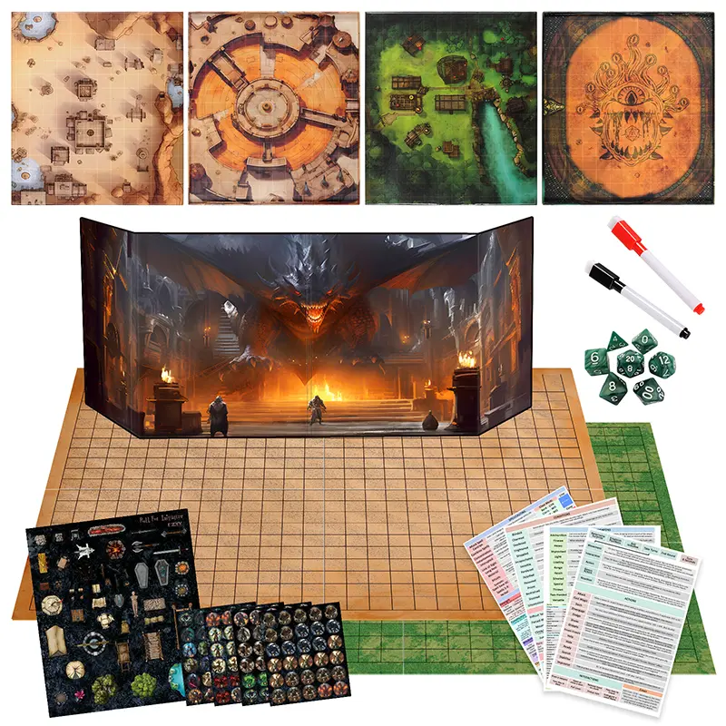 CZYY Foldable Tabletop Games Battle Mat Starter Set for Dungeons and Dragons, Desert - 4-Panel DM Screen, 120 Game Tokens, Dice Set, Markers, Double-Sided Wet & Dry Erase Terrain Accessories