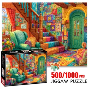 1pc 1000 piece adult puzzle 70x50cm Colorful Quilt - Decorated Staircase and Cozy Living Space 500 pieces of paper jigsaw puzzle, suitable for adults and families, large-scale DIY puzzle interactiv