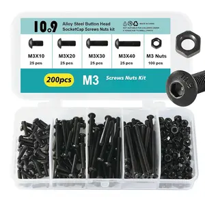 M3 x 10mm 20mm 30mm 40mm Button  Socket Cap Screws  and Nuts, 10.9 Grade Alloy Steel, Black Oxide Finish, Metric Allen Hex Drive, Fully Thread, Assortment Kit 200 count