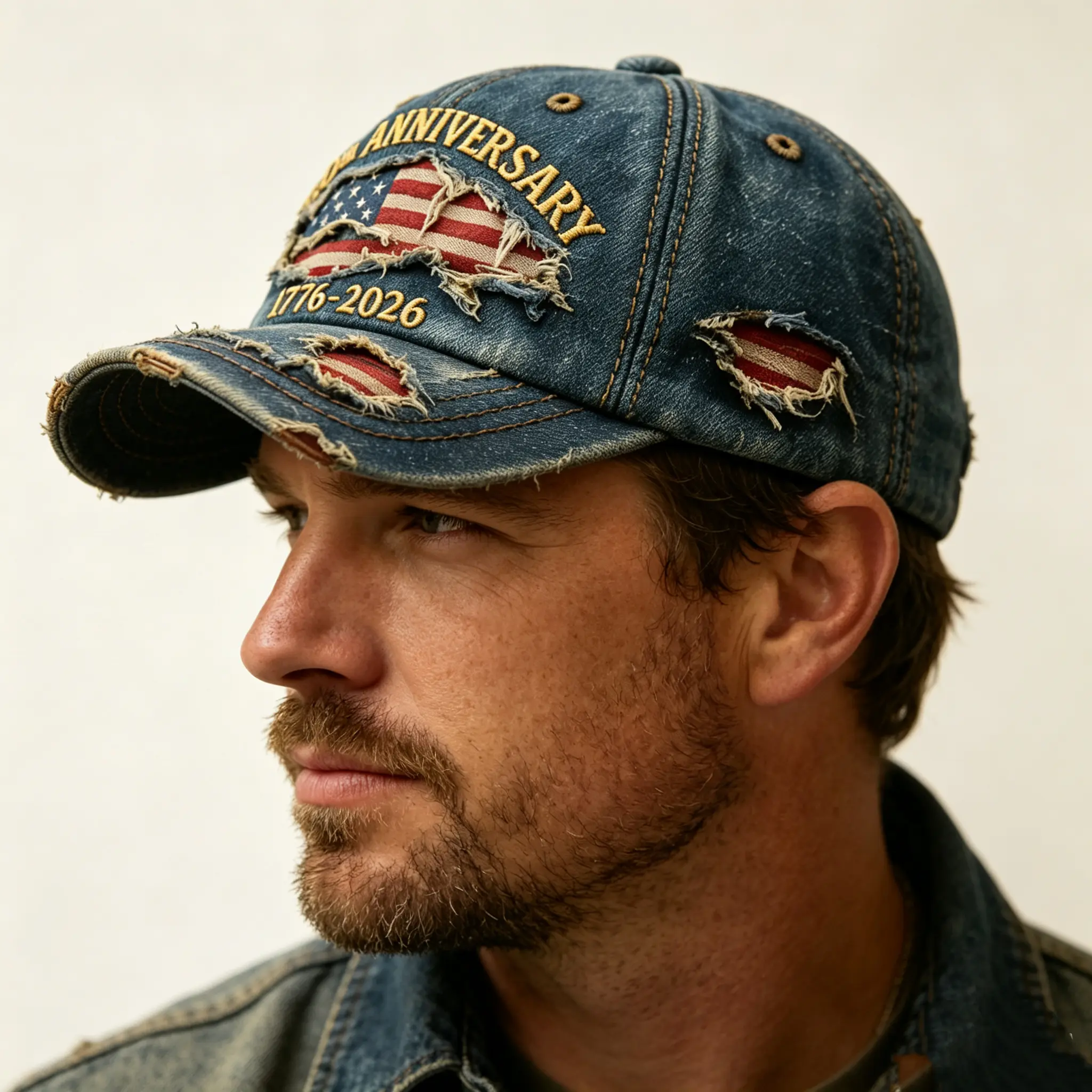 【New Upgrade】1776-2026 250th Anniversary Polyester Distressed Denim Streetwear Baseball Cap - Vintage Washed Relaxed Fit, American Flag Embroidery, Casual Outdoor Cap for Spring & Summer, Ideal Gift for History Enthusiasts & Father's Day, Independence Day