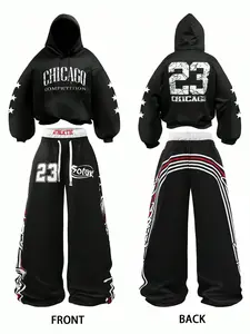 Men's Sports Set, Chicago 23 Print Hoodie + Side Stripe Casual Pants, Tracksuit, Casual Sportswear Outfit, Comfortable Daily Wear, Fashion Streetwear, Hip Hop Style, Athleisure Tracksuit Sets