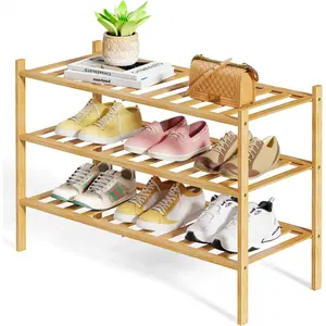 Bamboo Wooden Shoe Rack for Closet - Stackable Shoe Organizer with Modular Structure, Space-Saving Shoe Shelf for Entryway, Living Room, Bedroom, 26.8" x 11" x 18.9"