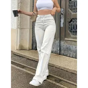Women’s Plain White Denim Jeans, Casual Style, Classic Fit, High-Waisted, Flared Legs, Versatile Fashion for Everyday Wear