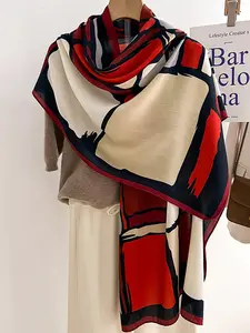 Autumn Winter Long Fashion Simple Colorblock Print Neck Warmer Multifunctional Scarf, Stylish Versatile Shawl Wrap for Women