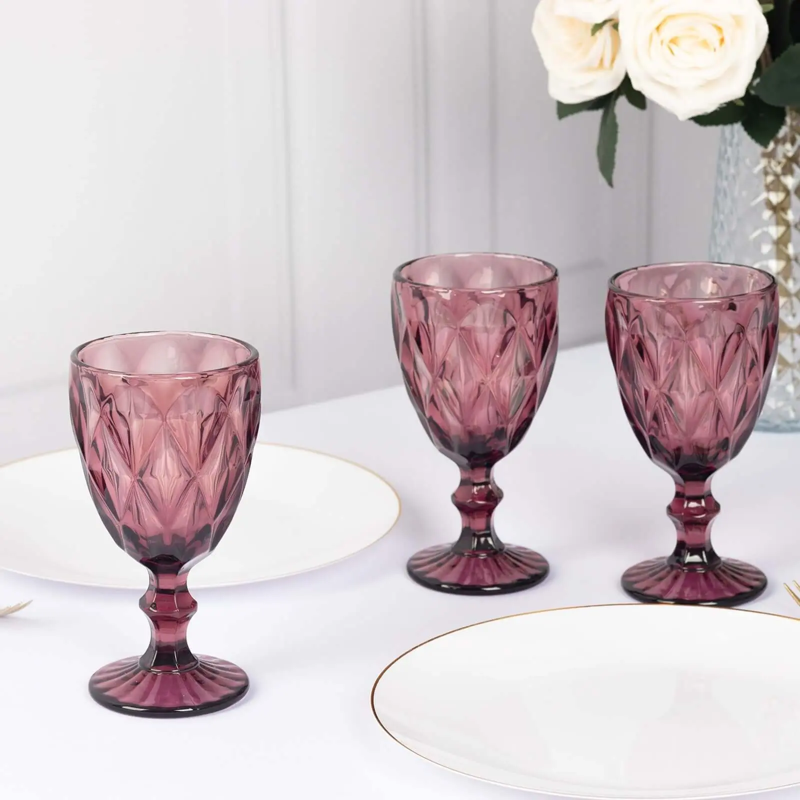 6-Pack 12oz Crystal Cut Stemmed Colored Glass Cups - Dusty Rose, 7" Embossed Party Wine Glasses for Cocktail Use, Birthday & Dining Drinks