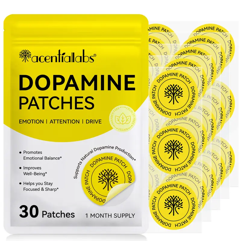 [NEW] Acentiallabs Dopamine Patches (30 Count, 1-Month Supply) - Skin-Friendly Breathable Wellness Supplement with Tyrosine, Ceramides, Focus Boost, Brain Fog Relief, Natural Dopamine Production Support; Easy Use Before/After Work, Study, Workouts, Dopami