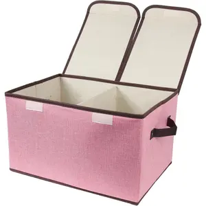 Foldable Fabric Storage Box with DoubleLid Dividers Large Organizer for Home Closet Office Pink