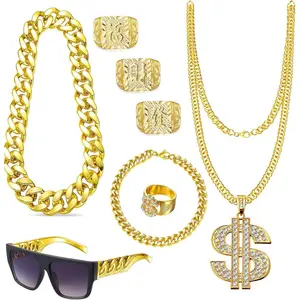 80s 90s Accessories Outfit for Men-Hip Hop Costume Kit-Old School Rapper Gear including Sunglasses, Faux Gold Rope Chain, Bracelet, Dollar Sign Chain Ring, Kanji Ring-Great for Halloween Party Decorations