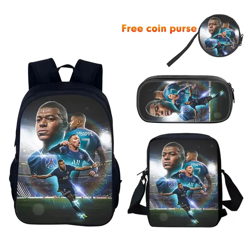 M-Mbappes Character Print 3-Piece Sports-School Set Pack - Football Backpack, Shoulder Bag, Pencil Bag for Star Player Fans (3-Piece Sets for Textiles & Soft Furnishings Accessory Use), Three Piece Sets