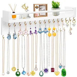 Hanging Jewelry Organizer, Wall Mounted Necklace Holder Organizer with 30 Hooks & Cosmetics Shelf, Jewelry Holder Organizer Wall for Necklaces Bracelet Earrings Ring