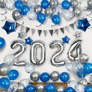 50PCS 2024 Graduation Decorations Set, Silver and Blue Balloons Set | 2024 Graduation Party Backdrop Decorations