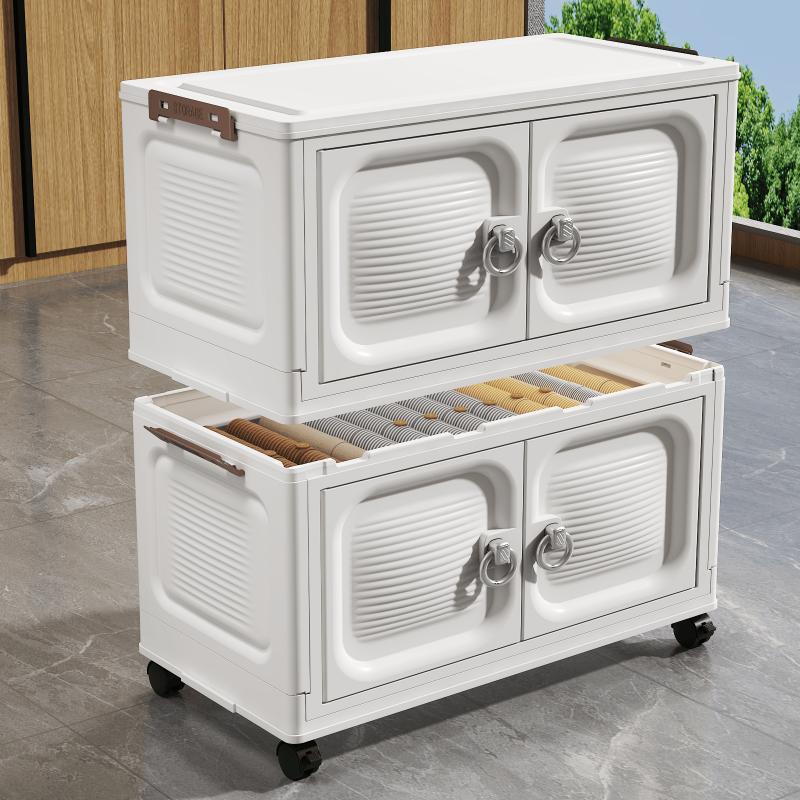 3/4/5 Tier White Foldable Storage Cabinet with Double Doors & Lockable Wheels – Stackable Modular Plastic Organizer with Ring Handles, Tool-Free Assembly Collapsible Rolling Storage Bin for Bedroom, Living Room & Home Organization, Space-Saving Design