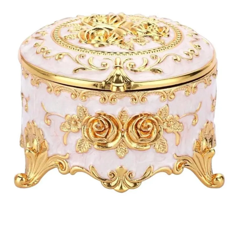 Vintage Round Jewelry Box Small Trinket Storage Organizer Box Gold Metal Chest Ring Case Treasure Box Earrings Necklace Storage Box Gift For Women with LED Light Home Decor Organizer Jewelry Boxes & Organizers