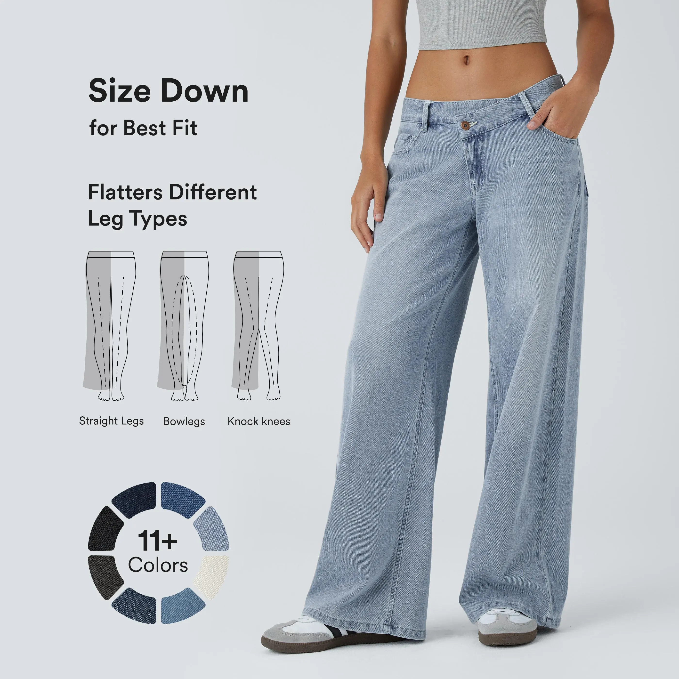 Halara Flex Asymmetric Low Rise Zipper Pockets Baggy Wide Leg Washed Casual Jeans #BackToSchool