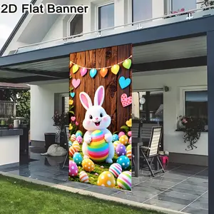 2D flat banner, 1pcEaster Bunny Rainbow Egg Backdrop, Whimsical Outdoor Easter Decorations with Fence & Lights for Party & Photo Booth, Party Decoration Supplies, galentines party decor, valentine day decor, decorations for valentines day