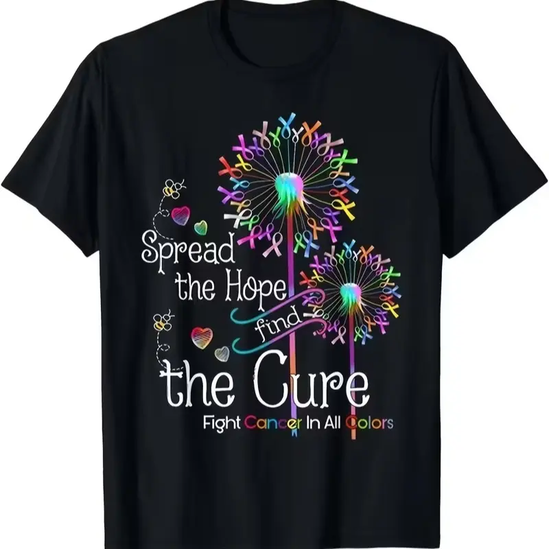 Men's Cancer Awareness T-Shirt with Dandelion Ribbon Graphic, Stylish Retro Short Sleeve Top in Soft Breathable Fabric for Charity & Casual Wear, Shortsleeve, Tops