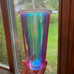 Iridescent 24 oz Reusable Plastic Cup with Plastic Lid and Straw - Portable, Washable, Ideal for Beverages - Water Bottles, Bottle, Mug, Bottled, Drinkware, Tumbler