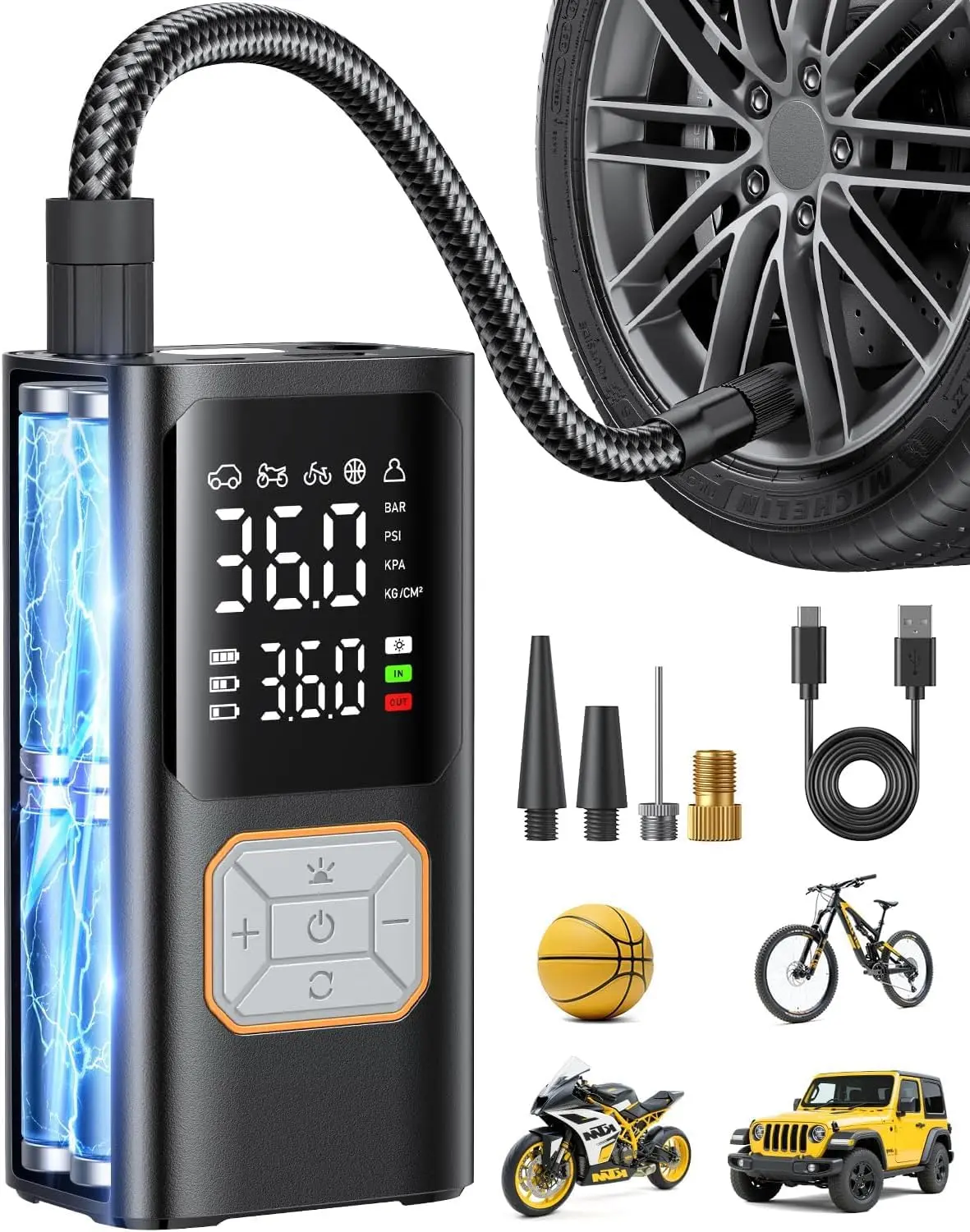 Cordless Portable Tire Inflator, 150PSI Automotive Air Compressor with Digital Pressure Gauge and Auto Shut-Off Function for Car Tires