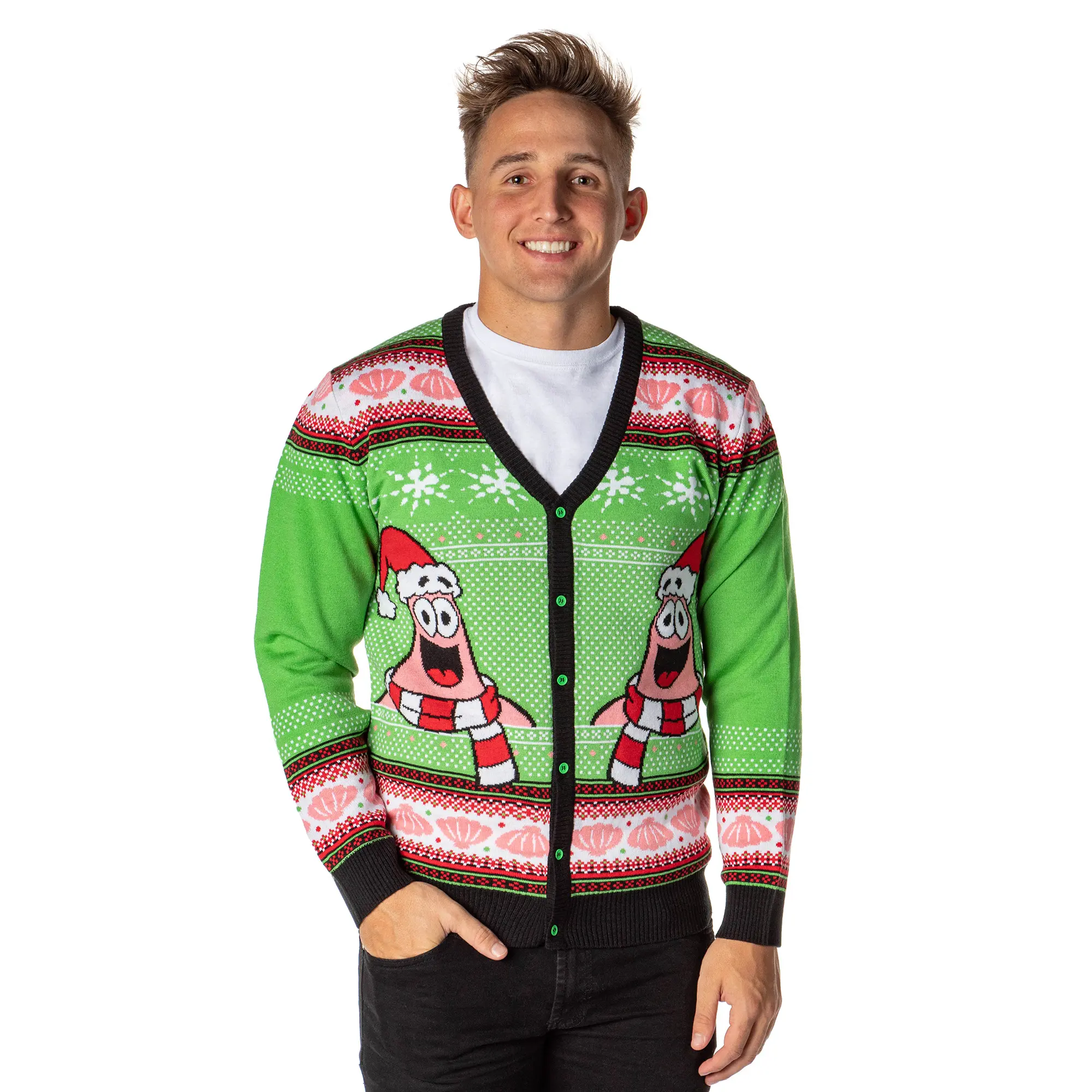 SpongeBob SquarePants Men's Santa Patrick Star Ugly Sweater Button-Up Knit Cardigan, Tops, Cookie, Pajamas, Acrylic, Christmas, Garment, Menswear, Knitwear