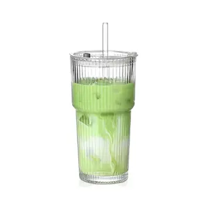20oz Glass Tumbler with Lid and Straw Ribbed Glass Cup for Iced Coffee Smoothie Juice Vintage Style Reusable Drinking Glass 1 Pack