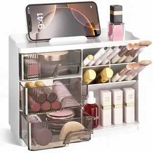 Makeup Organizer with Drawers, Multi-Function Vanity Organizer Countertop, Stackable Desk Organizer for Makeup Brush Lipstick Skincare Bathroom Vanity Organization and Storage