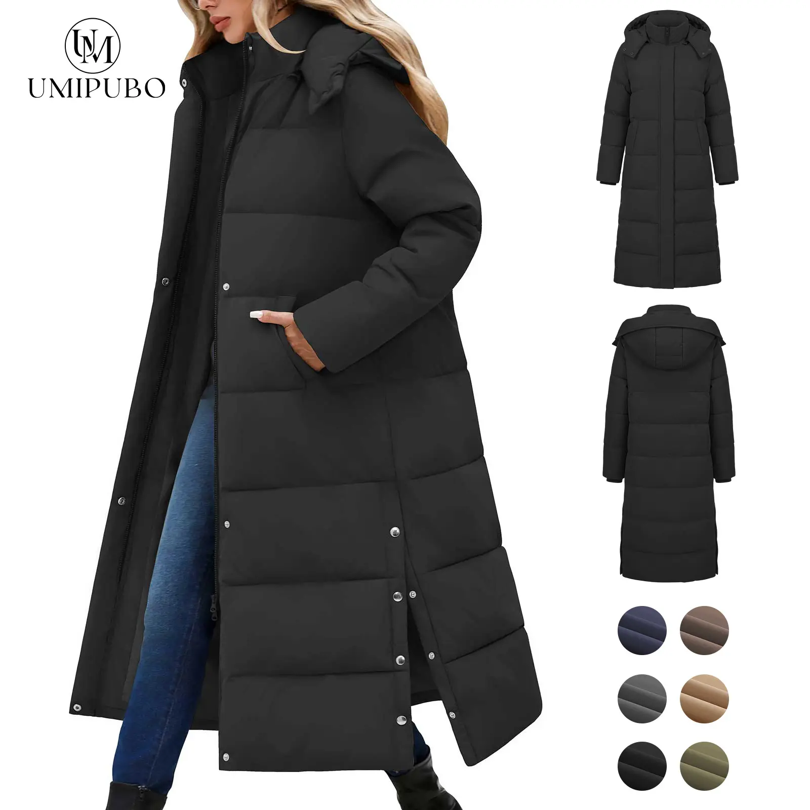 UMIPUBO Women's Long Maxi Down Coat - Long Sleeve, Modern Jackets & Coats, Full-Zip, Removable Faux Fur Hood, Down Cotton Fill Traps Cozy Warmth, Casual Black Outerwear, Tops, Lady