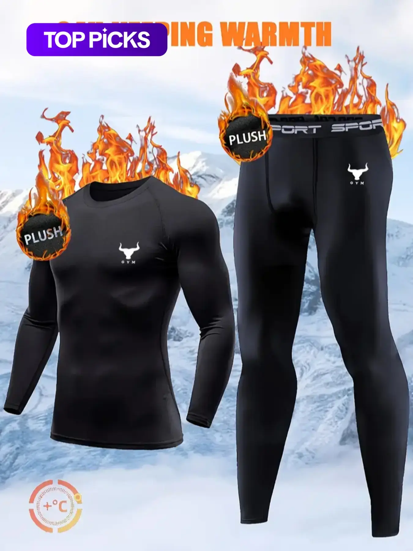 2PCS Men's Thermal Track & Field Base Layer Set – Black Compression Underwear, Running Ski Innerwear, with Bull Logo | Warm Retention for Skiing, Running, Hiking, Work Out, and Outdoor Winter Sportswear