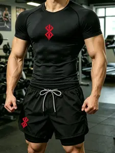 Men's Summer Two-Piece Sports Set, Y2K Thorn Print Slim Fit Short Sleeve T-Shirt + Pocket Double Layer Shorts, Ideal for Gym and Outdoor Activities