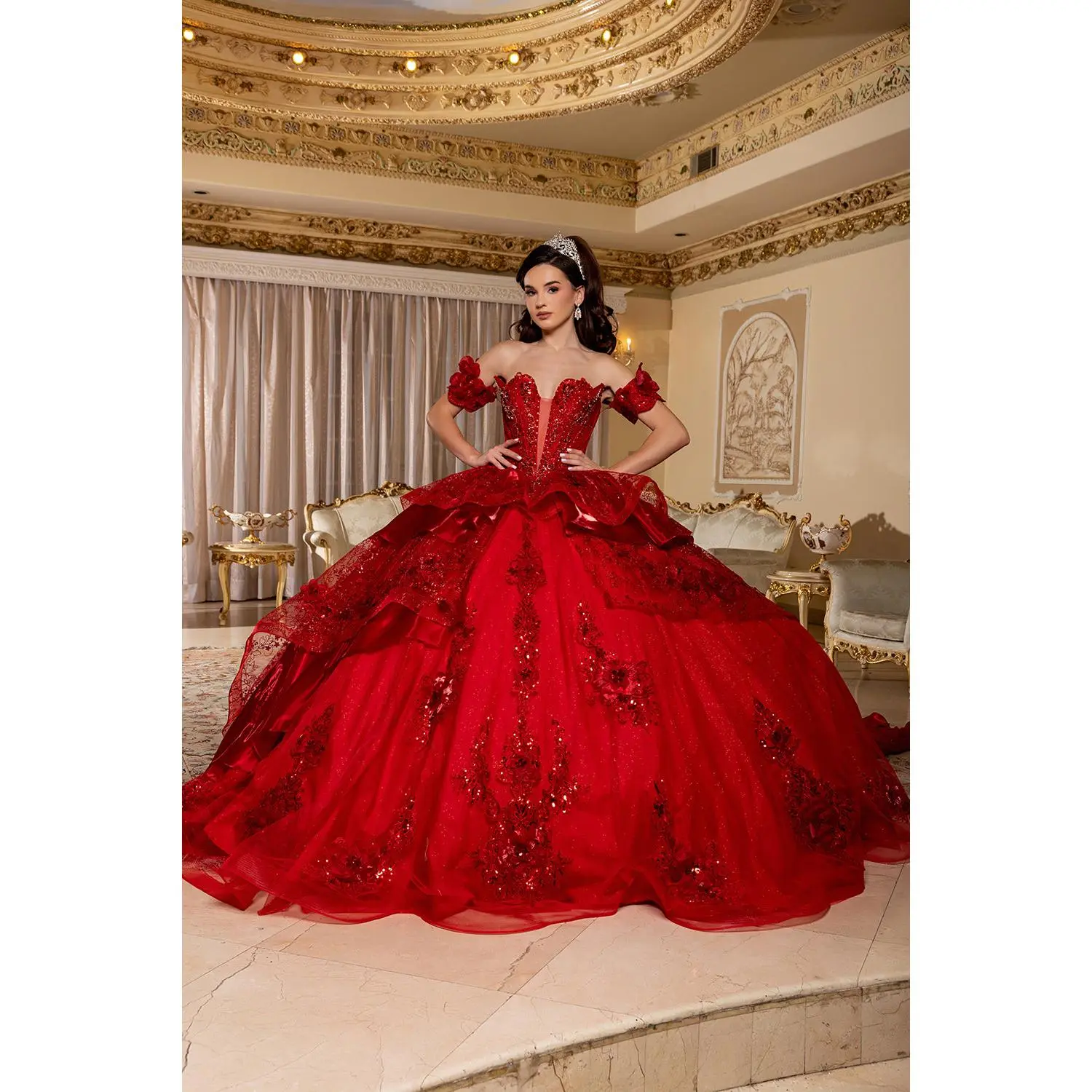 Off-Shoulder Ball Gown Sweetheart Corset Quinceañera Dress with Layered Ruffles by Layla K LK295