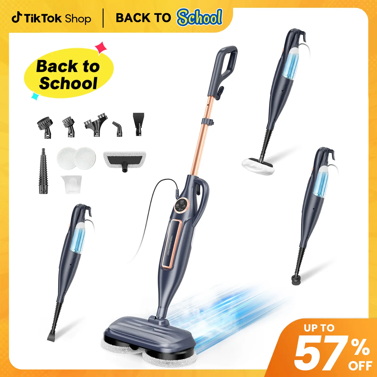[BackToSchool] DEVOAC 10-in-1 Rotating Disc Electric Steam Mop, Lightweight Cleaner with Curved Brush, Cable, Spin Wringer & 3 Vapor Levels, Ideal for Adults' Wood, Laminate & Marble Floor Mopping, Steam Cleaner, Multifunctional