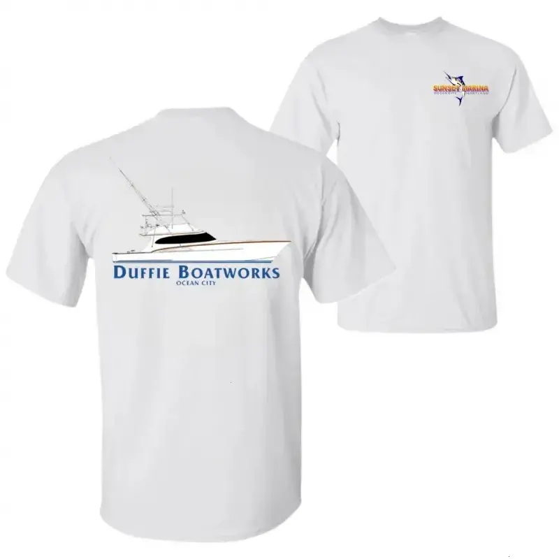 Duffie Boatworks x Sunset Marina Offshore Adventure T-Shirt, Boat Graphic Tee, Soft Cotton Unisex Shirt, Nautical Apparel for Men & Women, Boat Enthusiasts Gift - KitchenEra