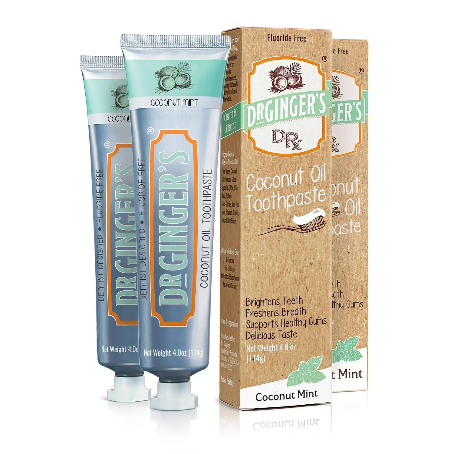 Dr Gingers Organic Coconut Mint Toothpaste 2 Pack - Whitening with Xylitol, Supports Healthy Gums & Stops Demineralization - 4 oz - Oral