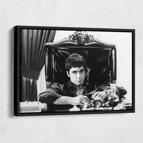 Tony Montana Scarface Classic Black and White Plaid Framed Wood Movie Poster - High-Clarity Artistic Graphic Print, Polka Dot Accent, Wardrobe-Complementary, Military-Inspired, Aesthetic Modern Home Decor for Bedroom Dining Room Wall Art