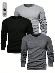 Men's Solid Long Sleeve Crew Neck T-shirt, Casual Regular Fit Basic Round Neck Tee for Fall & Winter, Men's Clothes for Daily Wear