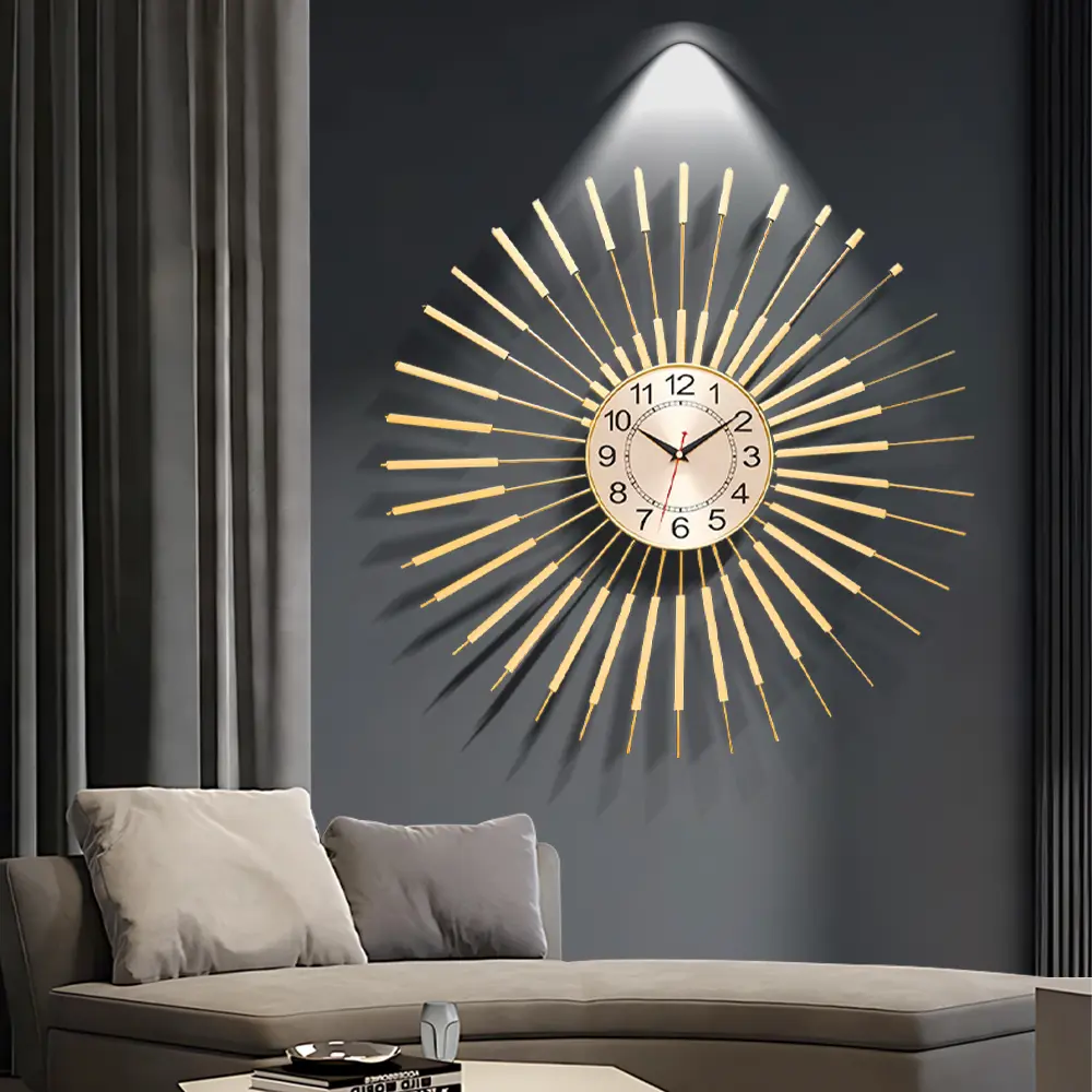 Wall Clock Large 23.6 Inch, Starburst Sunburst Round Gold, Modern Decorative Wall Clocks Battery Operated Sunburst, Non-Ticking Battery Operated Silent Decorative Clock for Living Room, Corridor, Staircase, Kitchen & Thoughtful Gift