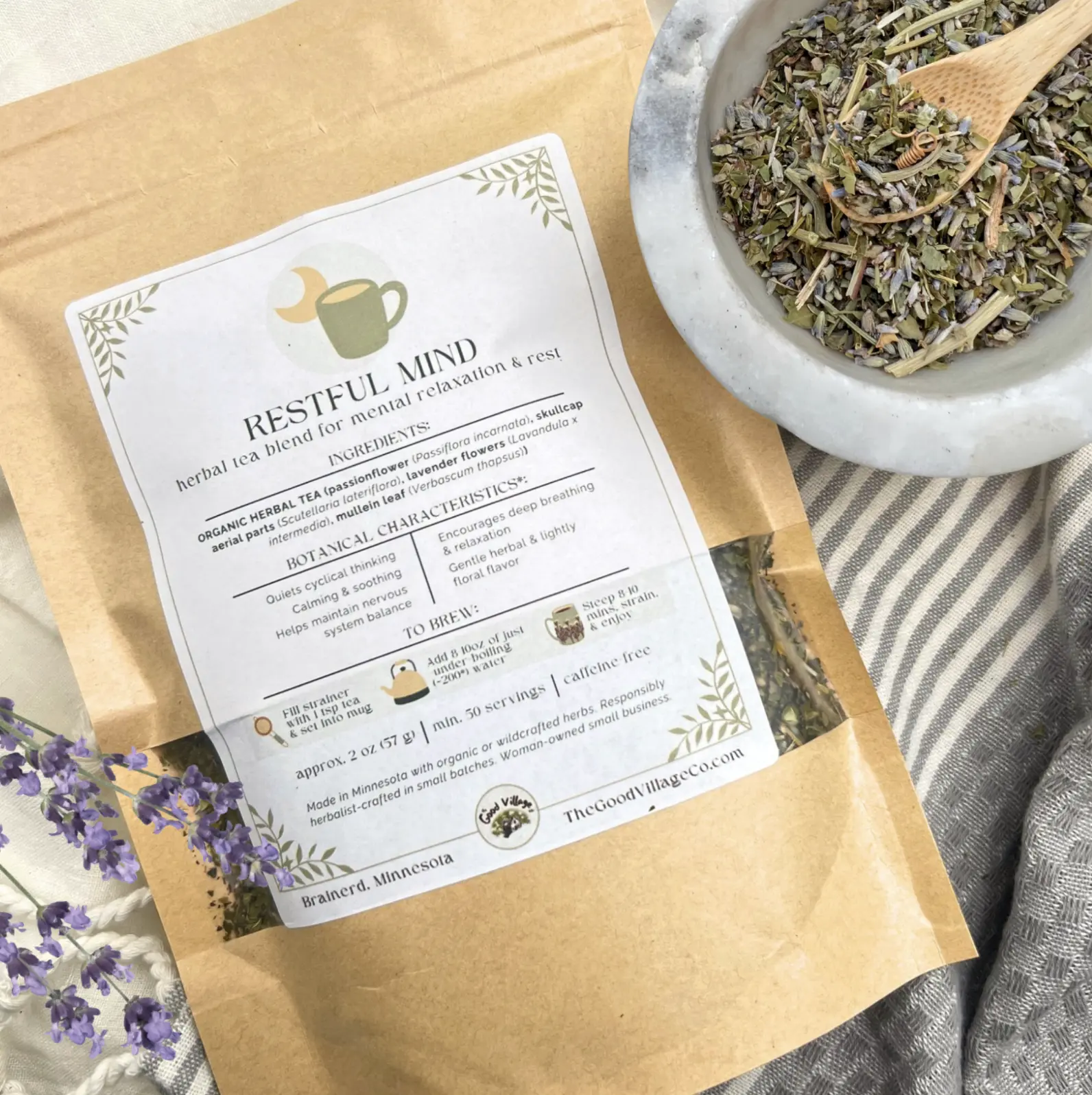 Restful Mind: Loose-Leaf Herbal Tea Blend for Nighttime Overthinkers (Caffeine-Free) Organic Herbal Traditional Loose Leaf Tea for Mental Relaxation, Rest, & Respiratory Support with Passionflower, Skullcap, Lavender, Mullein