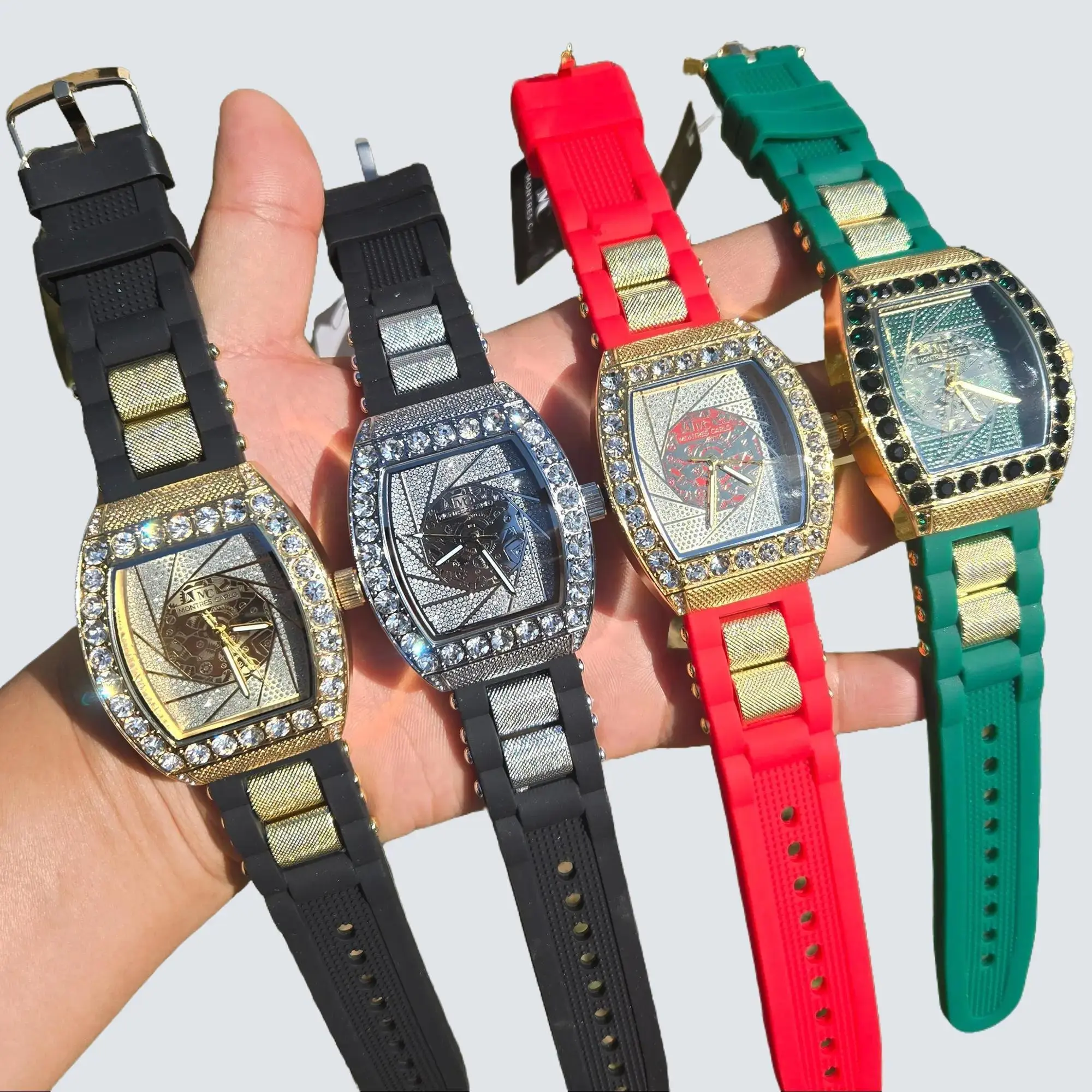 MaxBling81 Men's Stylish Iced Out Wristband Quartz Watch - Iced Gold-Silver Tone, Lab Diamond Bezel, Square-Shaped Quartz Face, Large Size, Colorful Silicone Wristband, Date Display, Hip Hop Luxurious Diamond-Embellished Stylish Watch Accessory, Stylish W