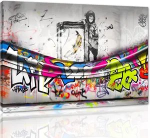 Graffiti Wall Art Colorful Posters Banana and Monkey Behind the Curtain Pictures Canvas Prints Modern Street Pop Graffiti Posters Wall Decor Artwork Wooden Framed Ready to Hang SHJY-01736